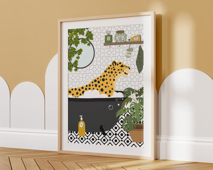 Cheetah in bathtub funny bathroom art print, maximalist animal bath print, botanical safari bathroom poster, housewarming gift, toilet decor
