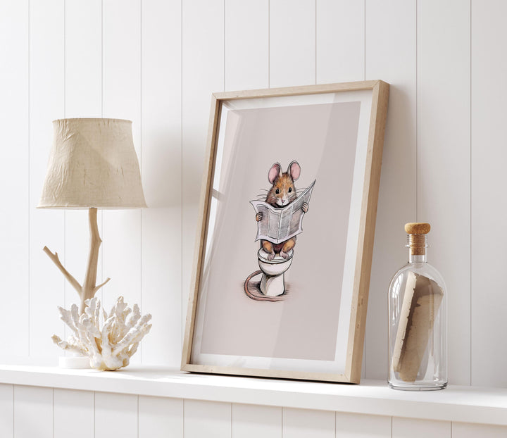 Funny Bathroom Mouse Print, Animal Reading On Toilet Cute Bathroom Wall Art, Neutral Country Art Decor, Woodland Animals Kids Nursery Decor