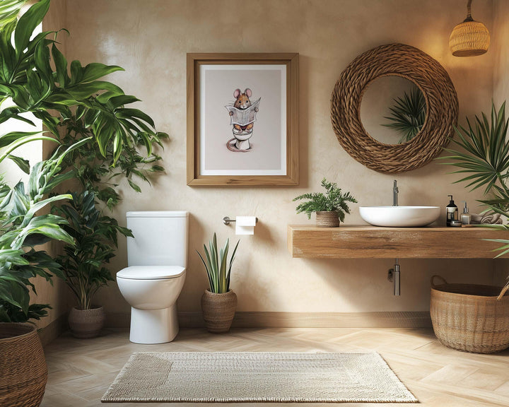 Funny Bathroom Mouse Print, Animal Reading On Toilet Cute Bathroom Wall Art, Neutral Country Art Decor, Woodland Animals Kids Nursery Decor