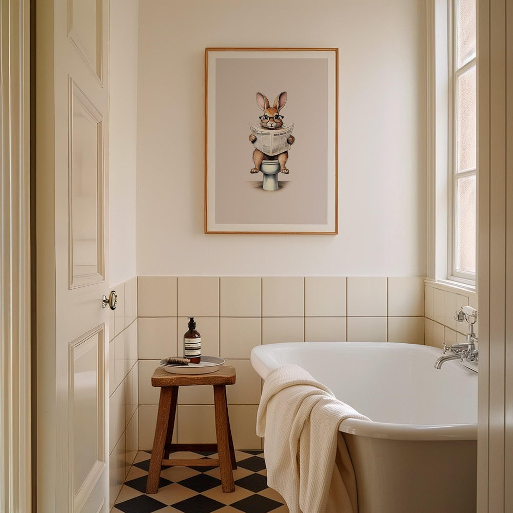 Funny Bathroom Rabbit Print, Animal Reading On Toilet Cute Bathroom Wall Art, Neutral Country Art Decor, Woodland Animals Kids Nursery Decor