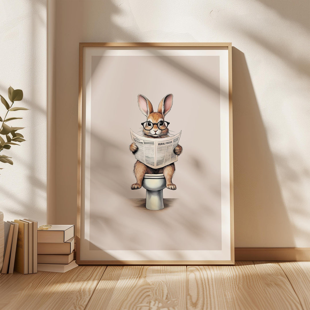 Funny Bathroom Rabbit Print, Animal Reading On Toilet Cute Bathroom Wall Art, Neutral Country Art Decor, Woodland Animals Kids Nursery Decor