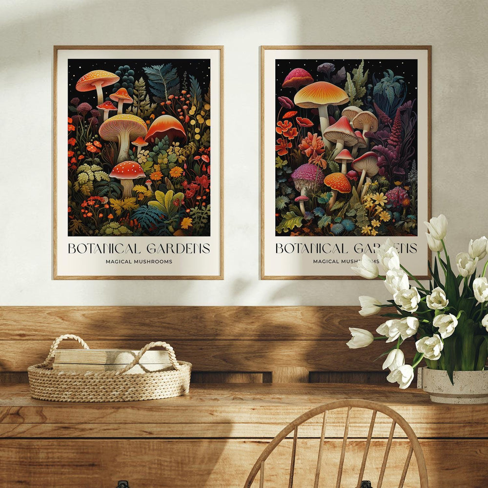 Set of 2 William Morris Style Mushroom Prints, Vintage Botanical Cottagecore Wall Art, Floral Woodland Exhibition Posters, Living Room Decor