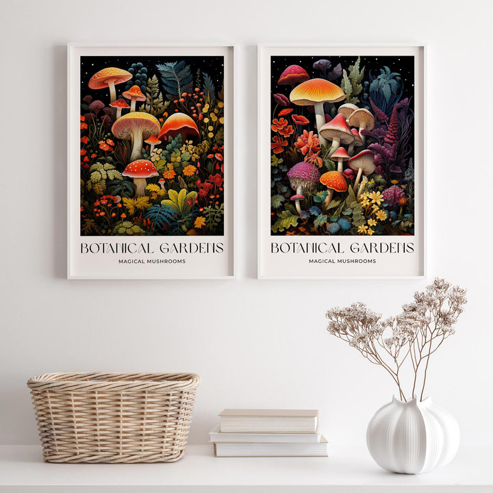 Set of 2 William Morris Style Mushroom Prints, Vintage Botanical Cottagecore Wall Art, Floral Woodland Exhibition Posters, Living Room Decor