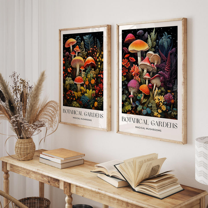 Set of 2 William Morris Style Mushroom Prints, Vintage Botanical Cottagecore Wall Art, Floral Woodland Exhibition Posters, Living Room Decor