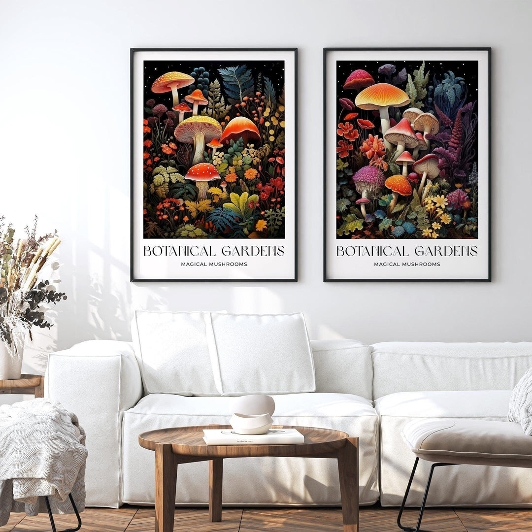 Set of 2 William Morris Style Mushroom Prints, Vintage Botanical Cottagecore Wall Art, Floral Woodland Exhibition Posters, Living Room Decor
