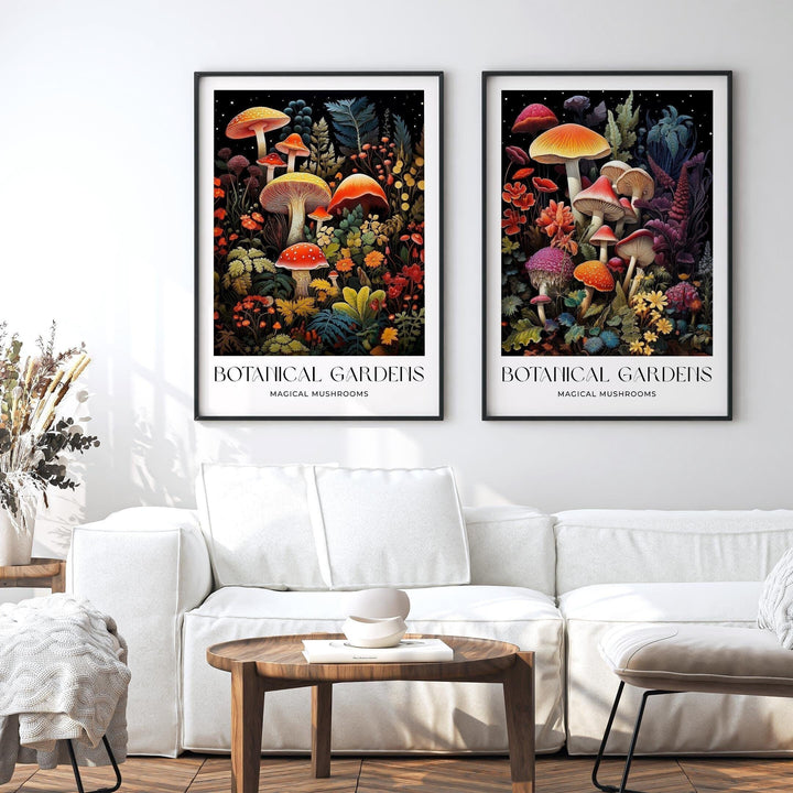 Set of 2 William Morris Style Mushroom Prints, Vintage Botanical Cottagecore Wall Art, Floral Woodland Exhibition Posters, Living Room Decor