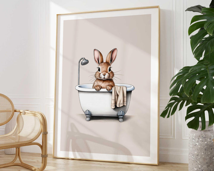 Funny Bathroom Rabbit Print, Animal in Bathtub Cute Bathroom Toilet Wall Art, Neutral Country Art Decor Bathroom Gift, Kids Woodland Animals