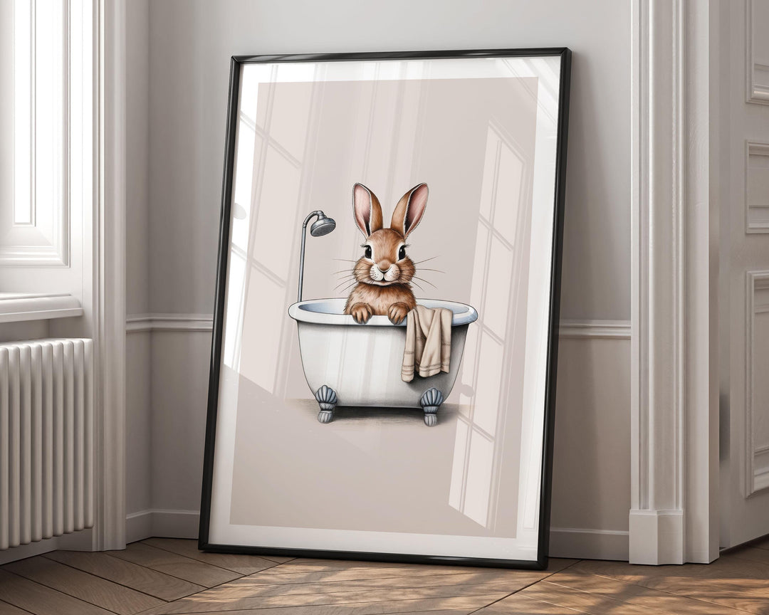 Funny Bathroom Rabbit Print, Animal in Bathtub Cute Bathroom Toilet Wall Art, Neutral Country Art Decor Bathroom Gift, Kids Woodland Animals