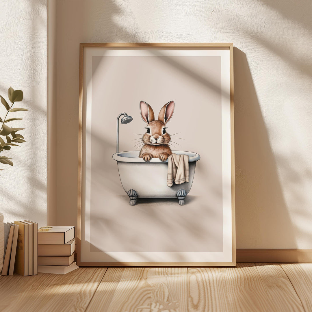 Funny Bathroom Rabbit Print, Animal in Bathtub Cute Bathroom Toilet Wall Art, Neutral Country Art Decor Bathroom Gift, Kids Woodland Animals