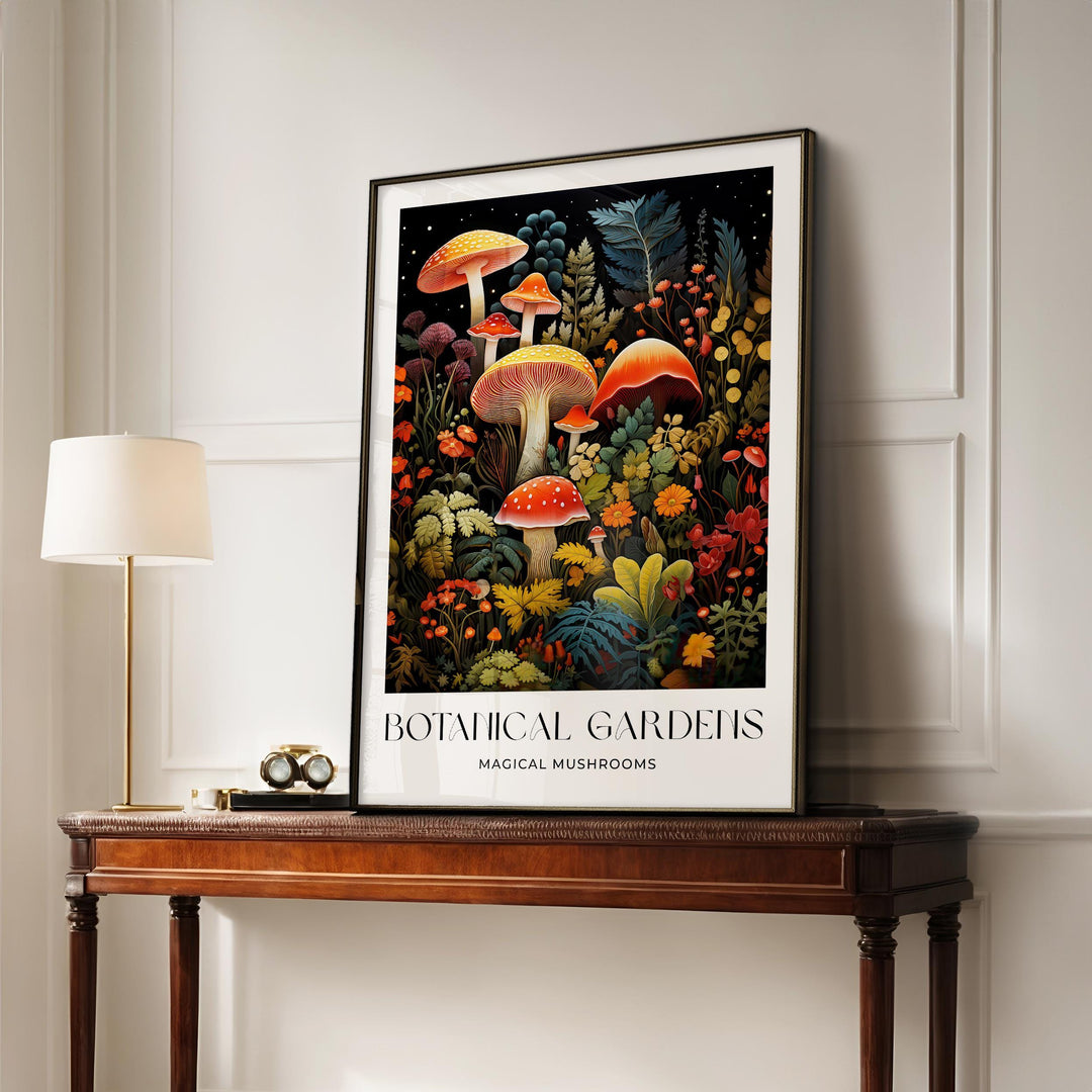 William Morris Style Mushroom Print, William Morris inspired Floral Vintage Botanical Wall Art, Dark Cottagecore Decor, Toadstool Art Poster