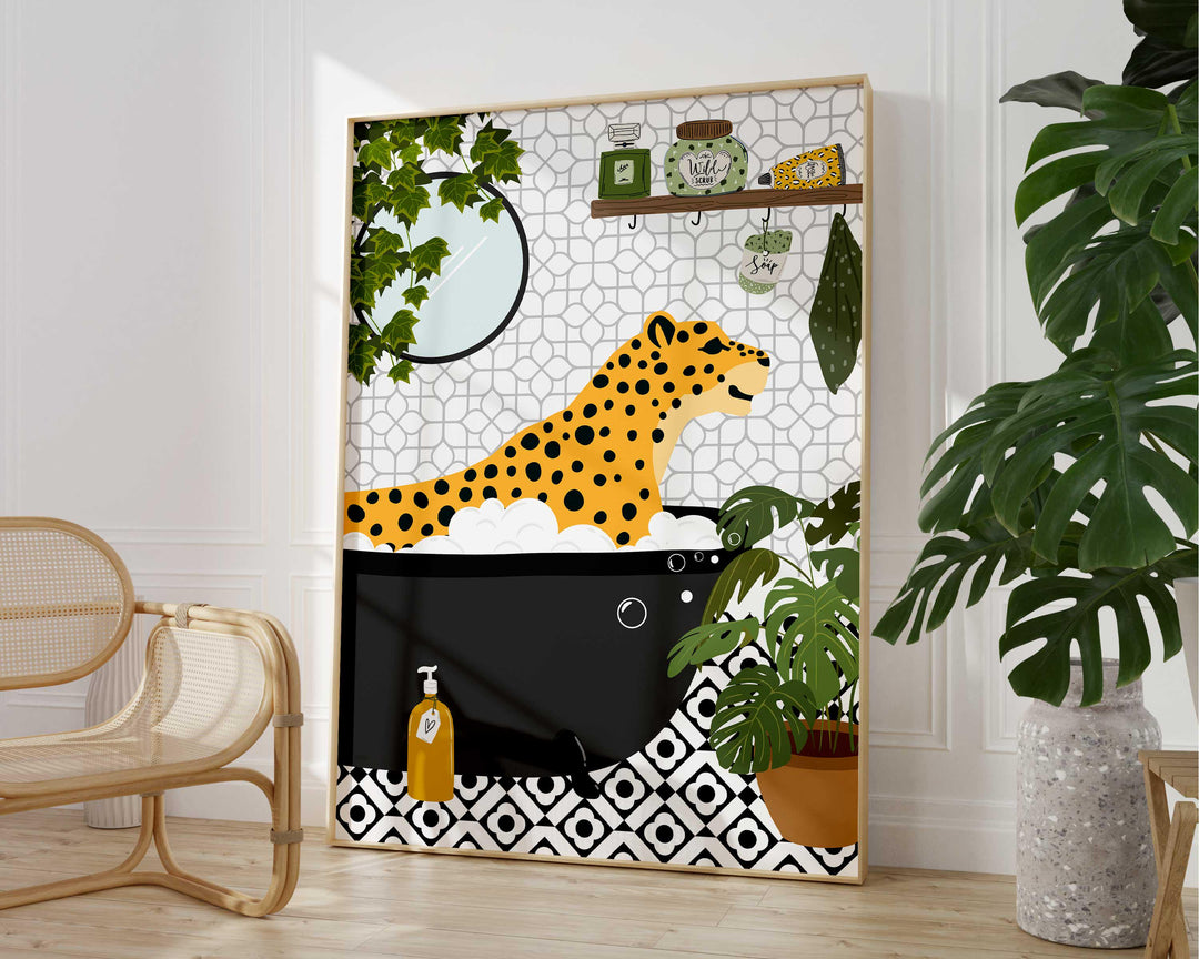 Cheetah in bathtub funny bathroom art print, maximalist animal bath print, botanical safari bathroom poster, housewarming gift, toilet decor