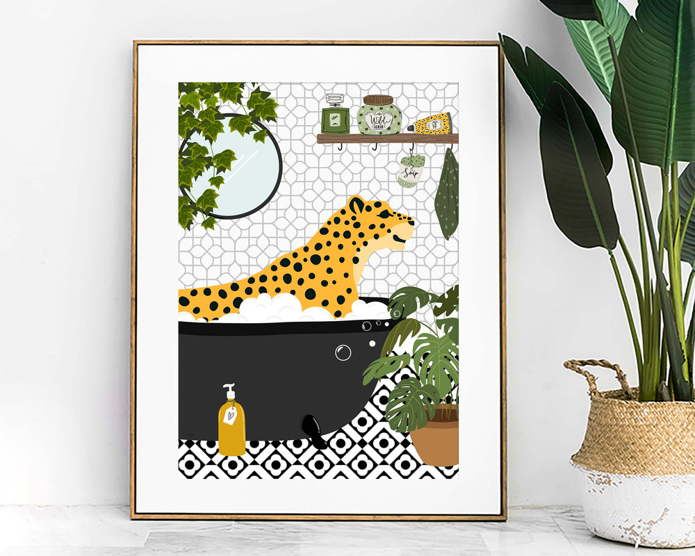 Cheetah in bathtub funny bathroom art print, maximalist animal bath print, botanical safari bathroom poster, housewarming gift, toilet decor