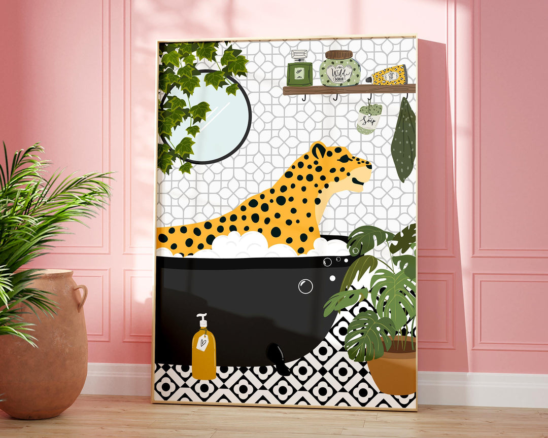 Cheetah in bathtub funny bathroom art print, maximalist animal bath print, botanical safari bathroom poster, housewarming gift, toilet decor