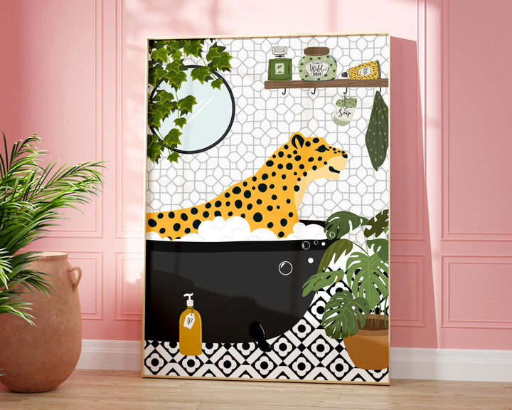 Cheetah in bathtub funny bathroom art print, maximalist animal bath print, botanical safari bathroom poster, housewarming gift, toilet decor