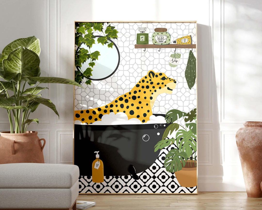 Cheetah in bathtub funny bathroom art print, maximalist animal bath print, botanical safari bathroom poster, housewarming gift, toilet decor