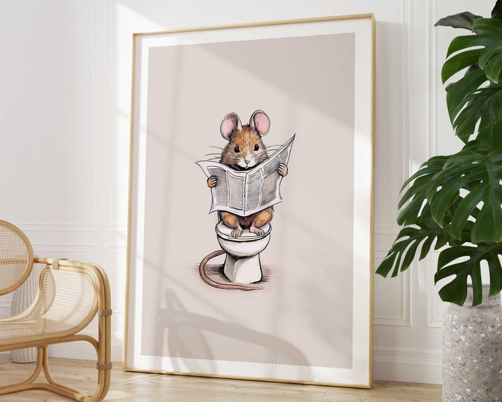 Funny Bathroom Mouse Print, Animal Reading On Toilet Cute Bathroom Wall Art, Neutral Country Art Decor, Woodland Animals Kids Nursery Decor