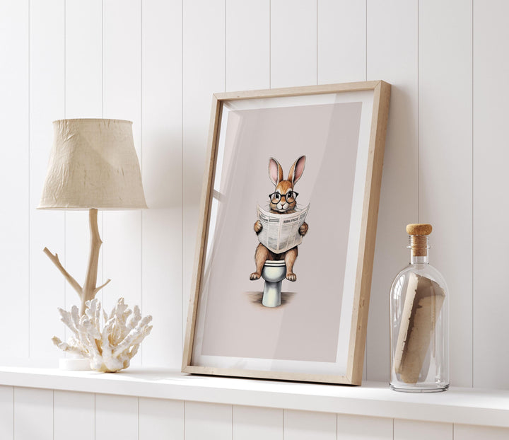 Funny Bathroom Rabbit Print, Animal Reading On Toilet Cute Bathroom Wall Art, Neutral Country Art Decor, Woodland Animals Kids Nursery Decor
