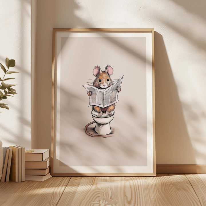 Funny Bathroom Mouse Print, Animal Reading On Toilet Cute Bathroom Wall Art, Neutral Country Art Decor, Woodland Animals Kids Nursery Decor