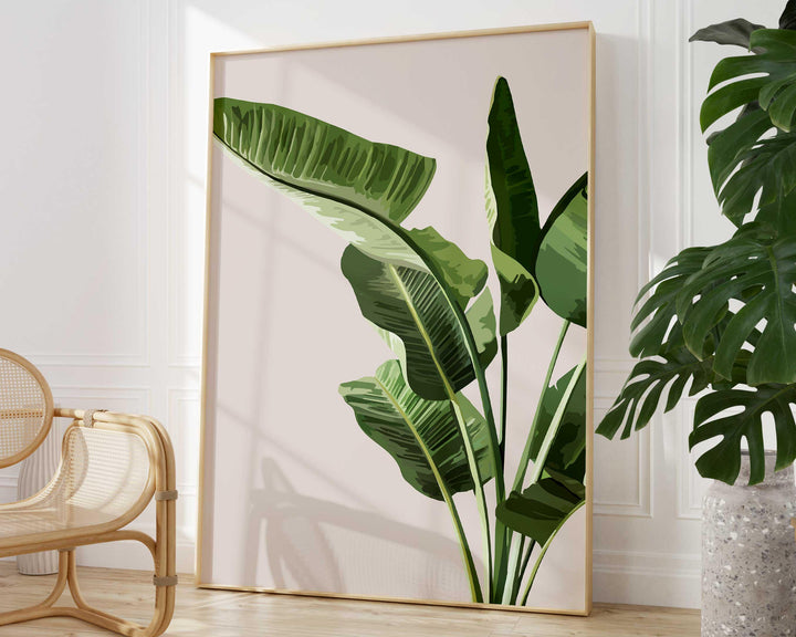 Tropical Beige Banana Leaf Print, Botanical Fruit Leaves Wall Art, Abstract Jungle Illustration, Rainforest Poster, Living Room Home Decor
