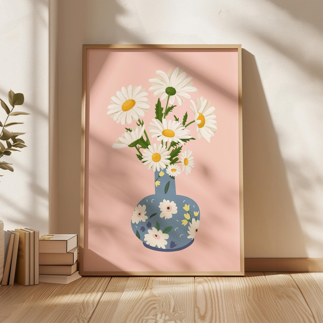 Pink Daisy Print Flower Wall Art, Abstract Daisies Botanical Print, Wild Flowers in Vase Print, Colourful Bunch of Flowers Modern Art Poster