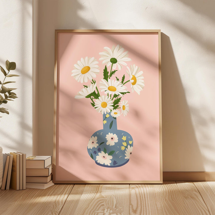 Pink Daisy Print Flower Wall Art, Abstract Daisies Botanical Print, Wild Flowers in Vase Print, Colourful Bunch of Flowers Modern Art Poster