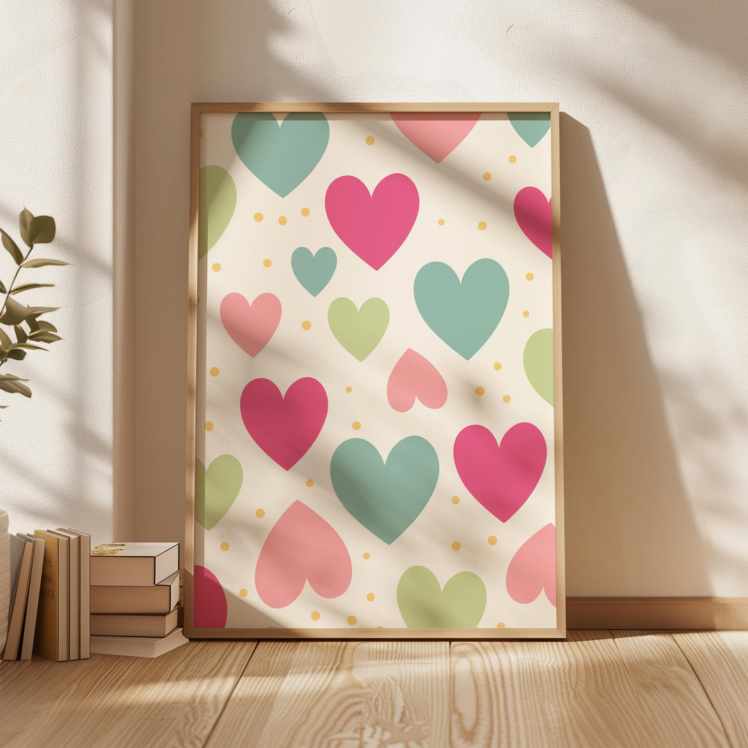 Retro Heart Minimalist Scandi Wall Art, Abstract Pastel Girls Bedroom Decor, Trendy Colourful Girly Print, Rainbow Hearts Nursery Poster