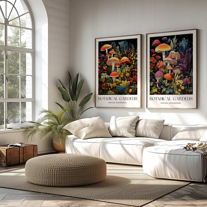 Set of 2 William Morris Style Mushroom Prints, Vintage Botanical Cottagecore Wall Art, Floral Woodland Exhibition Posters, Living Room Decor