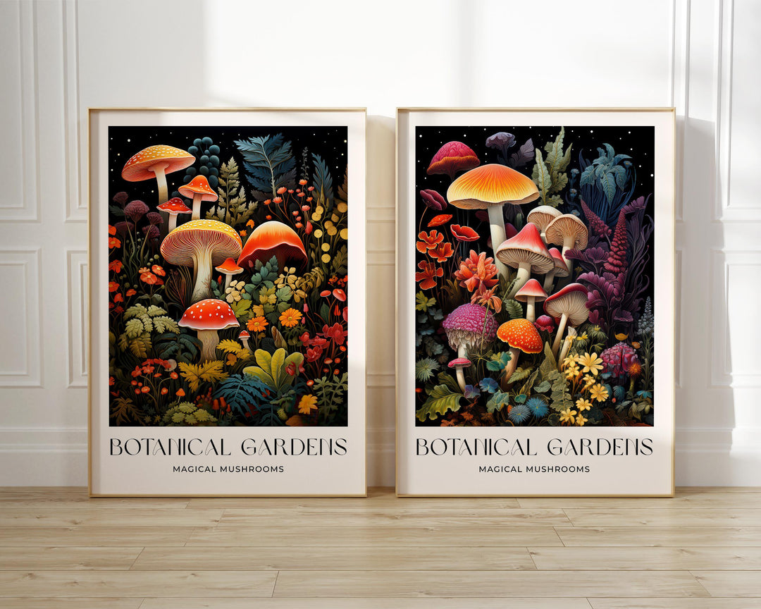 Set of 2 William Morris Style Mushroom Prints, Vintage Botanical Cottagecore Wall Art, Floral Woodland Exhibition Posters, Living Room Decor
