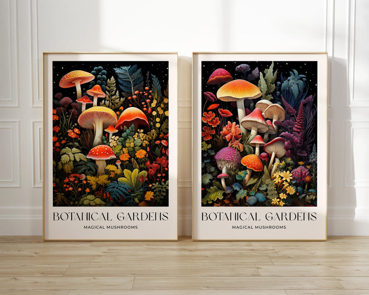 Set of 2 William Morris Style Mushroom Prints, Vintage Botanical Cottagecore Wall Art, Floral Woodland Exhibition Posters, Living Room Decor