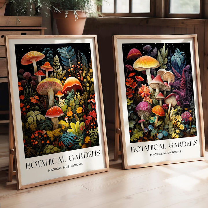Set of 2 William Morris Style Mushroom Prints, Vintage Botanical Cottagecore Wall Art, Floral Woodland Exhibition Posters, Living Room Decor