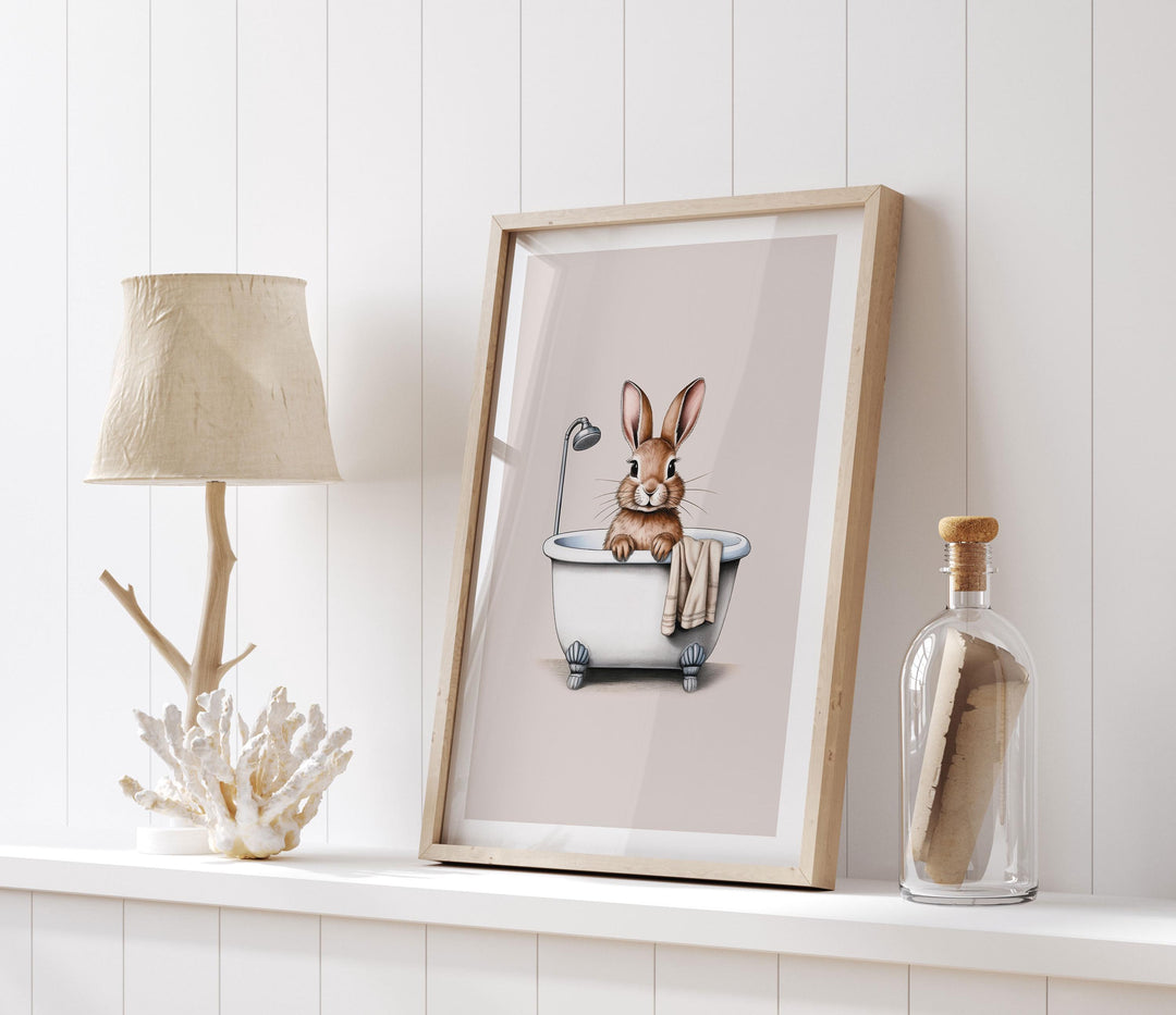 Funny Bathroom Rabbit Print, Animal in Bathtub Cute Bathroom Toilet Wall Art, Neutral Country Art Decor Bathroom Gift, Kids Woodland Animals