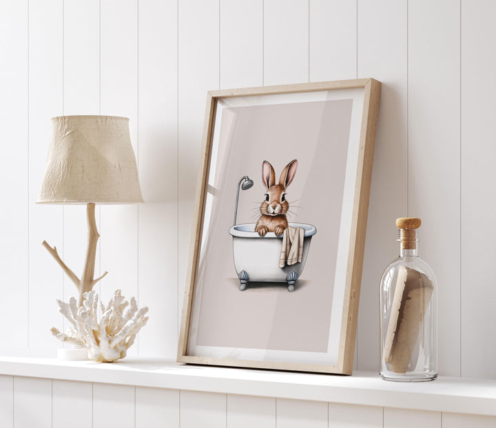 Funny Bathroom Rabbit Print, Animal in Bathtub Cute Bathroom Toilet Wall Art, Neutral Country Art Decor Bathroom Gift, Kids Woodland Animals