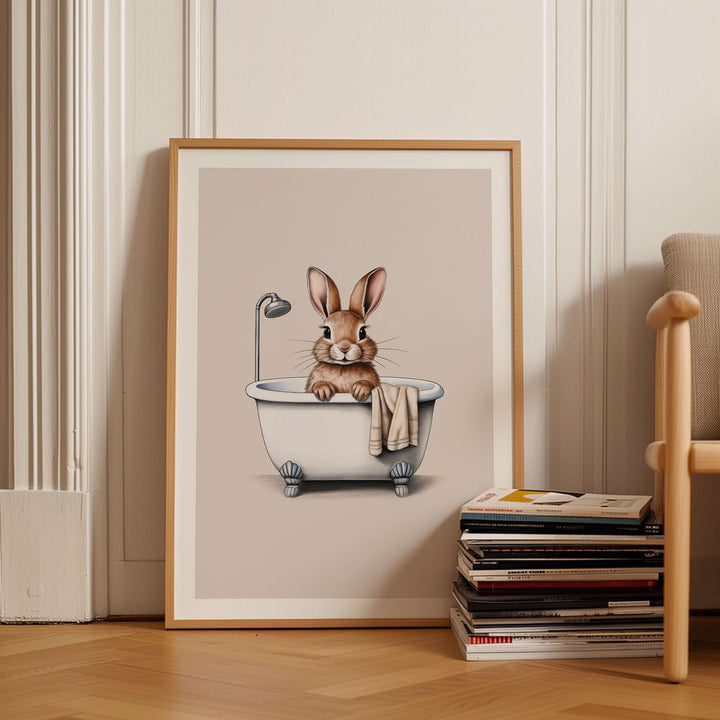 Funny Bathroom Rabbit Print, Animal in Bathtub Cute Bathroom Toilet Wall Art, Neutral Country Art Decor Bathroom Gift, Kids Woodland Animals