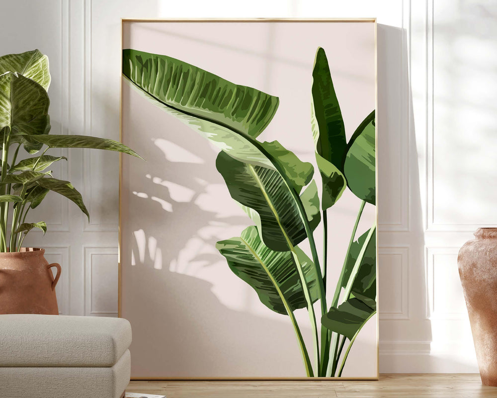 Tropical Beige Banana Leaf Print, Botanical Fruit Leaves Wall Art, Abstract Jungle Illustration, Rainforest Poster, Living Room Home Decor