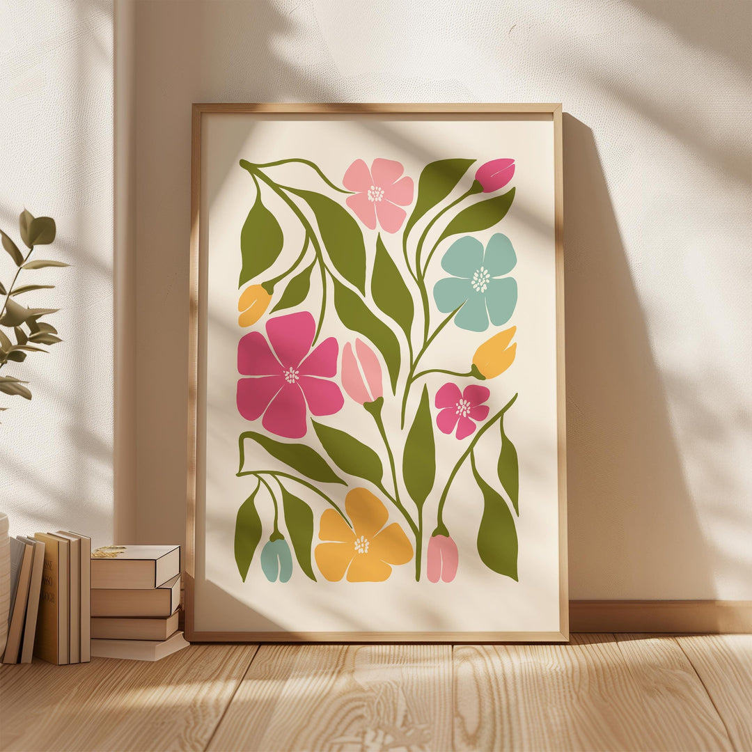 Colourful Abstract Flower Print, Scandinavian Floral Wall Art, Pink Blue Yellow Floral Art, Modern Botanical Plant Print, Living Room Decor
