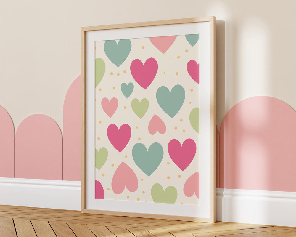 Retro Heart Minimalist Scandi Wall Art, Abstract Pastel Girls Bedroom Decor, Trendy Colourful Girly Print, Rainbow Hearts Nursery Poster