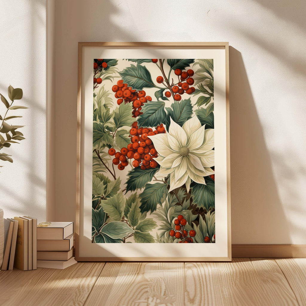 Poinsettia Winter Flowers & Berries Festive Print – Mayflower Gallery
