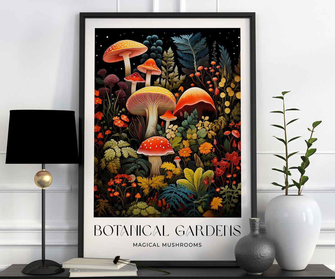 William Morris Style Mushroom Print, William Morris inspired Floral Vintage Botanical Wall Art, Dark Cottagecore Decor, Toadstool Art Poster
