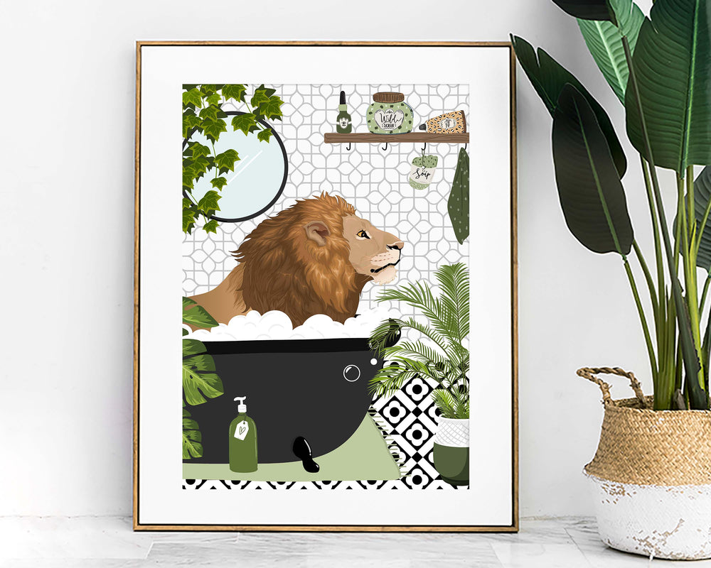 Lion Black And White Bathroom Wall Art, Funny Animal Bathroom Prints, Toilet Art, Kids Bathroom Decor, Maximalist Wall Art, Bathroom Poster