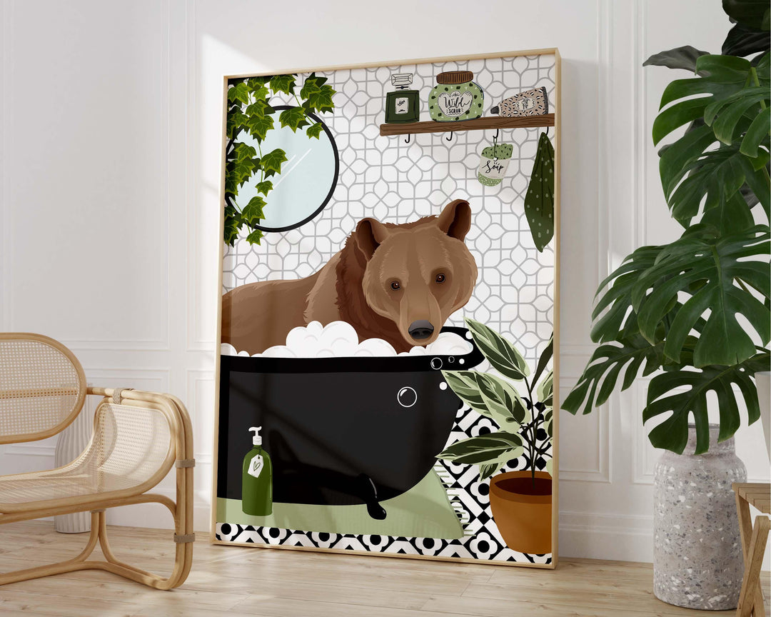 Brown Bear Funny Animal Bathroom Print, Black and White Toilet Art, Kids Bathroom Decor, Maximalist Wall Art, Cute Nursery Bathtub Print