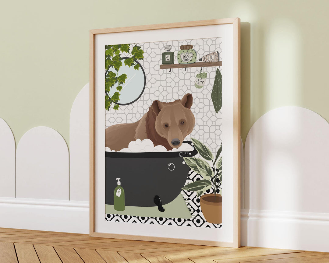 Brown Bear Funny Animal Bathroom Print, Black and White Toilet Art, Kids Bathroom Decor, Maximalist Wall Art, Cute Nursery Bathtub Print