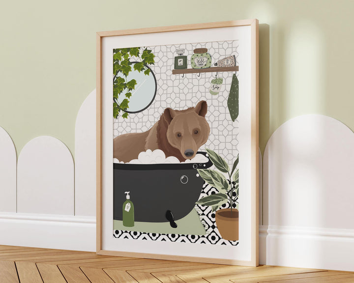 Brown Bear Funny Animal Bathroom Print, Black and White Toilet Art, Kids Bathroom Decor, Maximalist Wall Art, Cute Nursery Bathtub Print