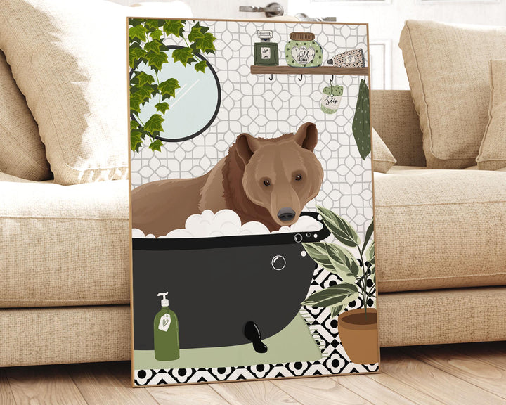 Brown Bear Funny Animal Bathroom Print, Black and White Toilet Art, Kids Bathroom Decor, Maximalist Wall Art, Cute Nursery Bathtub Print