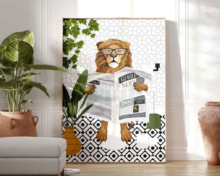Lion Black And White Bathroom Wall Art, Funny Animal Bathroom Prints, Toilet Art, Monochrome Decor, Maximalist Wall Art, Bathroom Poster