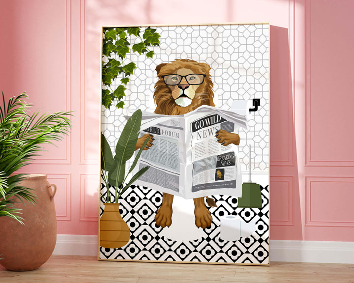 Lion Black And White Bathroom Wall Art, Funny Animal Bathroom Prints, Toilet Art, Monochrome Decor, Maximalist Wall Art, Bathroom Poster