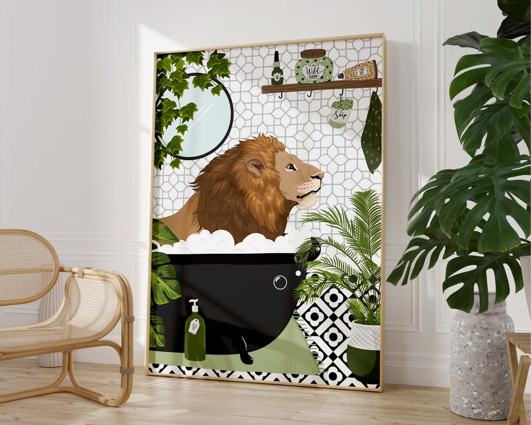 Lion Black And White Bathroom Wall Art, Funny Animal Bathroom Prints, Toilet Art, Kids Bathroom Decor, Maximalist Wall Art, Bathroom Poster