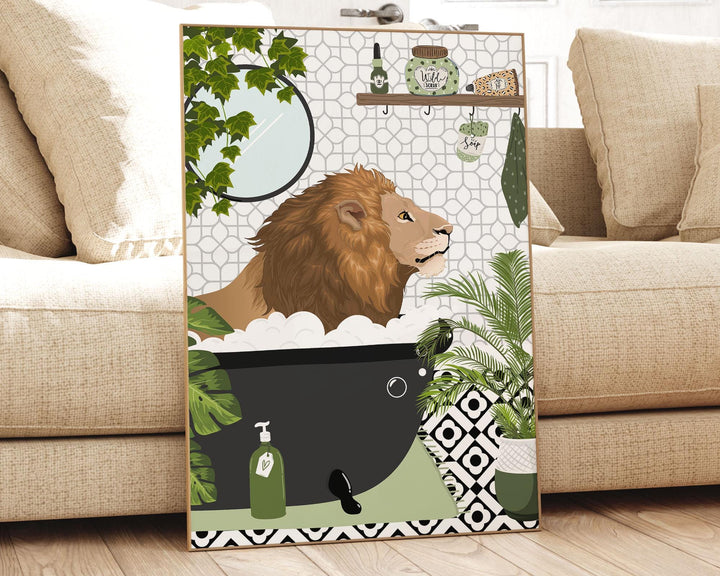 Lion Black And White Bathroom Wall Art, Funny Animal Bathroom Prints, Toilet Art, Kids Bathroom Decor, Maximalist Wall Art, Bathroom Poster