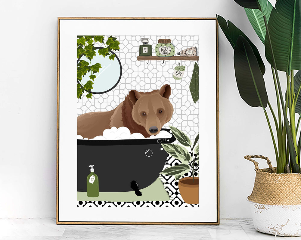 Brown Bear Funny Animal Bathroom Print, Black and White Toilet Art, Kids Bathroom Decor, Maximalist Wall Art, Cute Nursery Bathtub Print