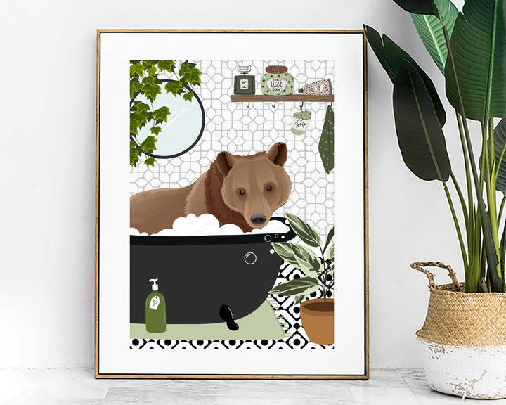 Brown Bear Funny Animal Bathroom Print, Black and White Toilet Art, Kids Bathroom Decor, Maximalist Wall Art, Cute Nursery Bathtub Print
