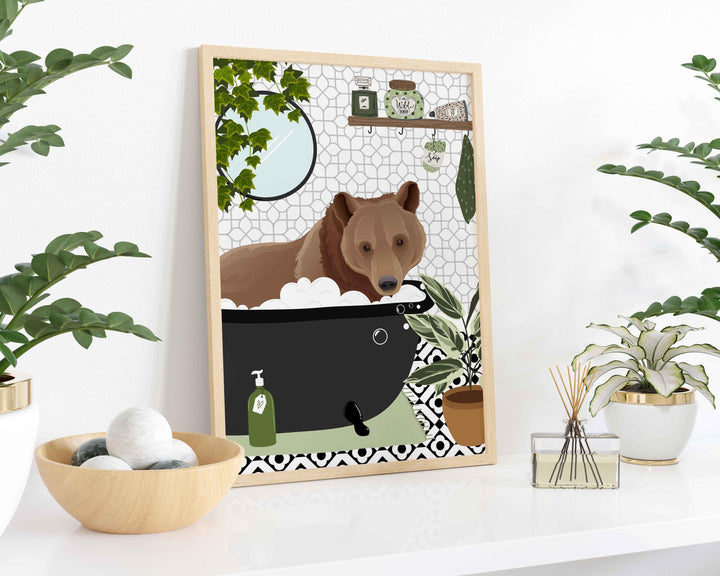 Brown Bear Funny Animal Bathroom Print, Black and White Toilet Art, Kids Bathroom Decor, Maximalist Wall Art, Cute Nursery Bathtub Print
